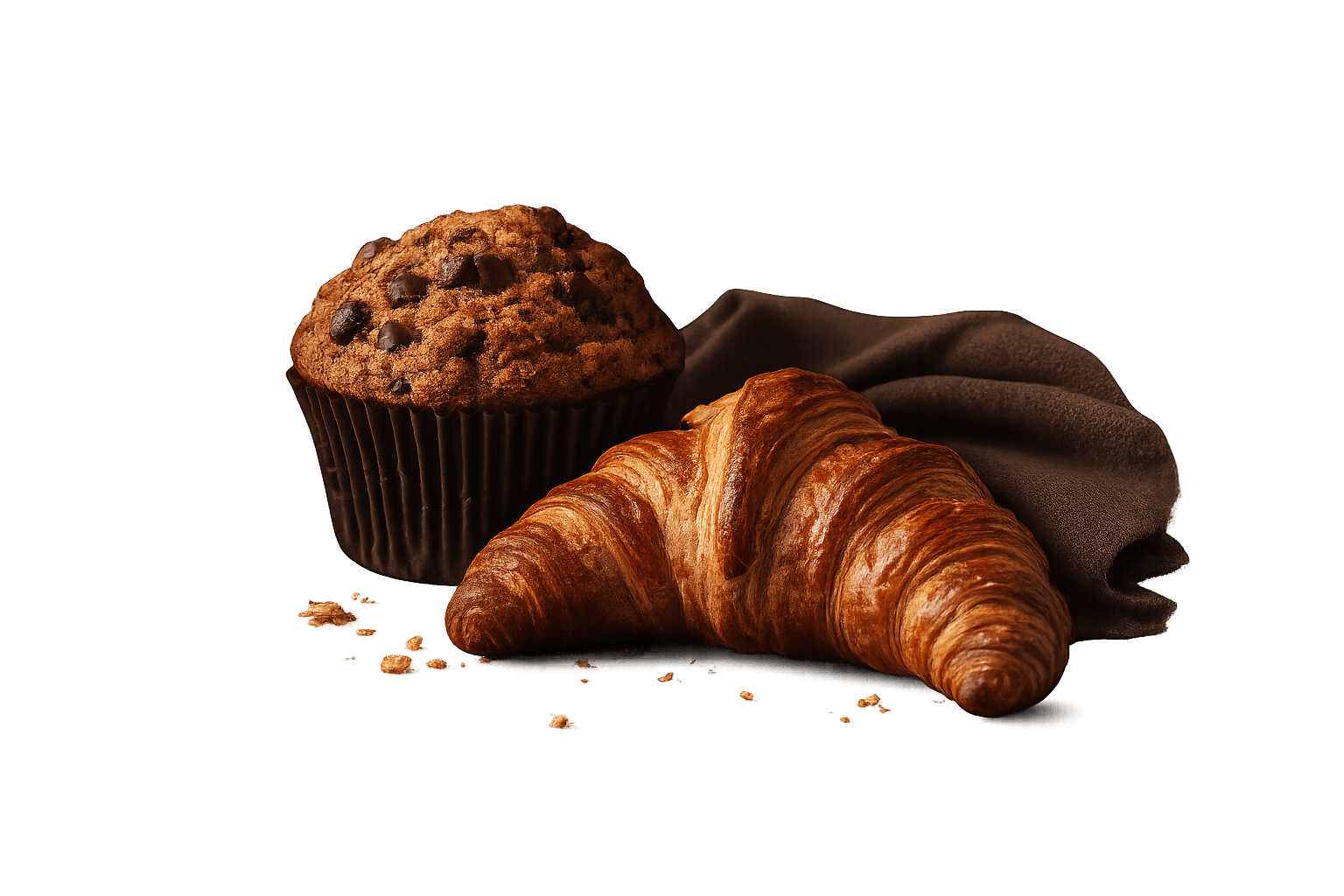 Chocolate chip muffin and butter croissant